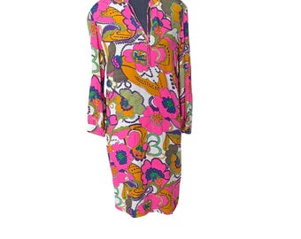 Vintage Hartford Floral Print Shift Dress Long Sleeve Multicolor Boho Style