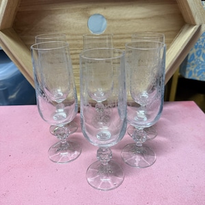 Vintage Bohemia Crystal Cascade  Etched Champagne Flutes Set Of 6 With Floral Design & Ornate Stems