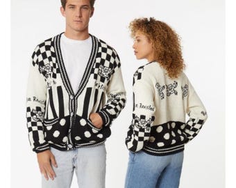 トップス 00s undercoverism Graphic Cardigan Punk Black & White Checkered Punk Cardigan Jumper Unisex Plus Size S