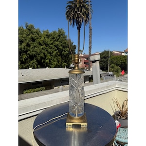 Vintage Crystal & Brass Table Lamp With Intricate Cut Glass Design And Square Base