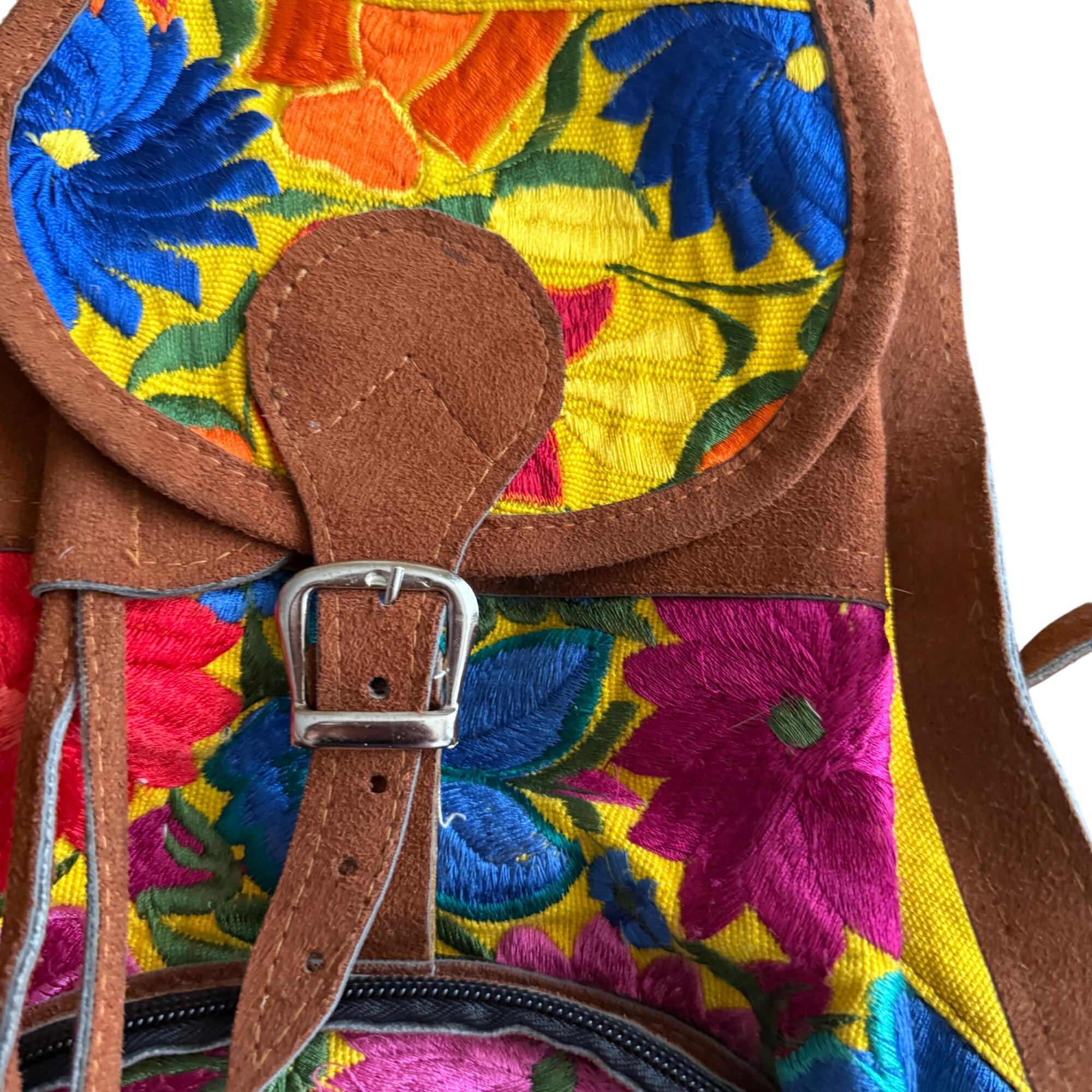 Handcrafted Floral Embroidered Cotton & Faux Suede Backpack Handmade Suede Leather Backpack: Floral Embroidered Boho Bag  main image 2