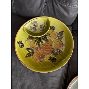Vintage Los Angeles Pottery Green Divided Serving Platter With Fruit Design