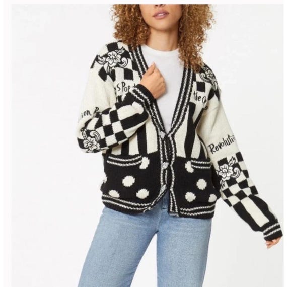 No! Jeans Pop Revolution Black & White Graphic Checkered Cardigan