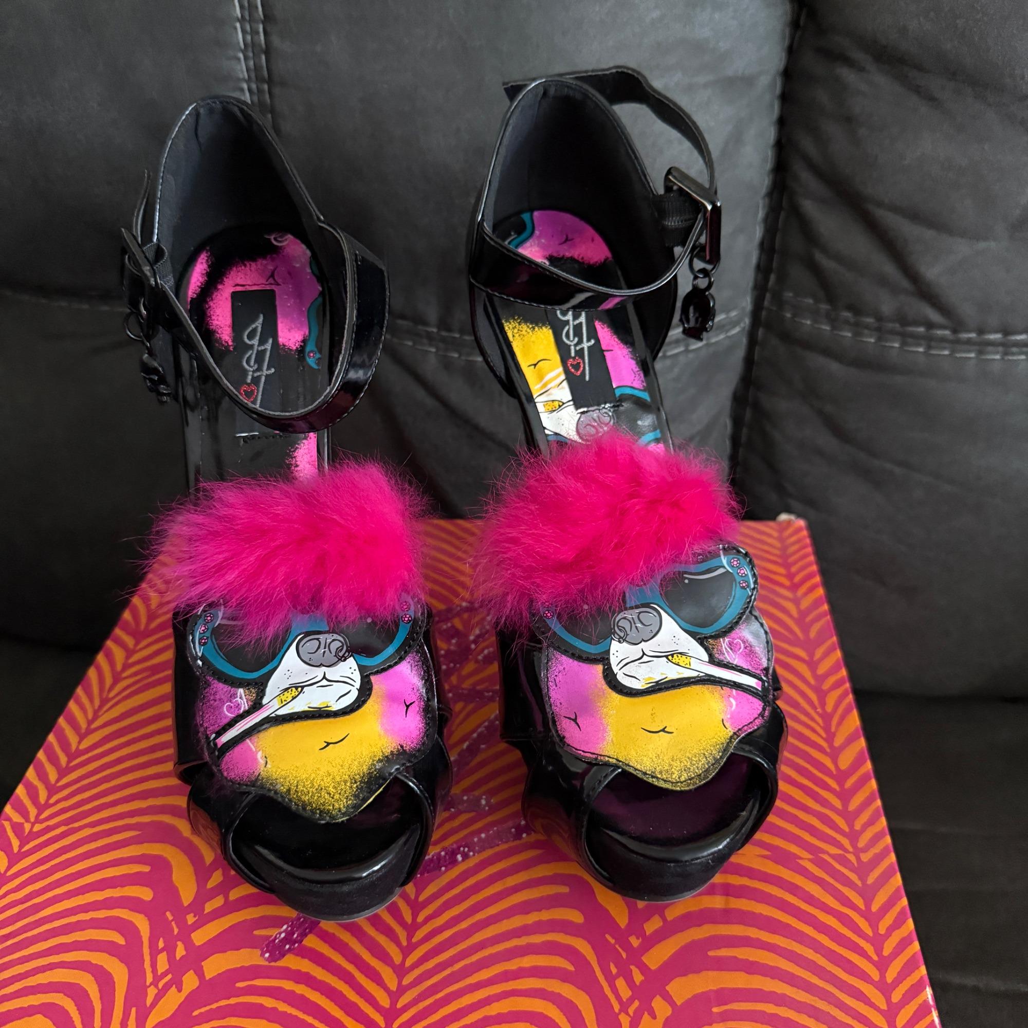 Iron Fist Smoking Poodle Black Platform Heels W/ Pink Faux Fur 5.5