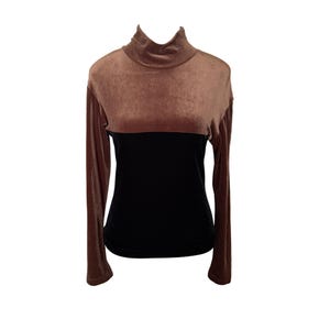 Vintage Faith Couture Brown & Black Velvet Long Sleeve Turtleneck Top