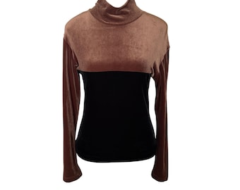 Vintage Faith Couture Brown & Black Velvet Long Sleeve Turtleneck Top