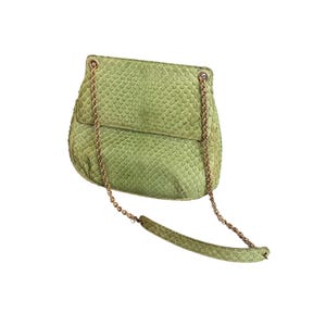 May include: A light green, textured shoulder bag with a flap closure. The bag features a gold chain strap and a matching green strap. The bag has a snakeskin pattern.