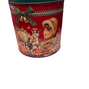 Bakers Estate Vintage Holiday Tin Can With Victorian-Inspired Christmas Graphics & Green Lid