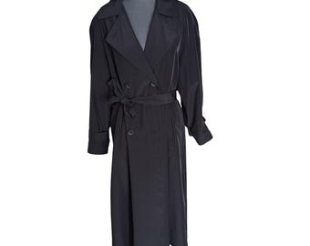 Vintage ANNE KLEIN Black Trench Coat – Detachable Hood, Size 24W 
