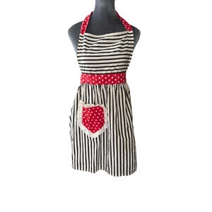 Vintage-Style Apron With Black & White Stripes Red Polka Dot