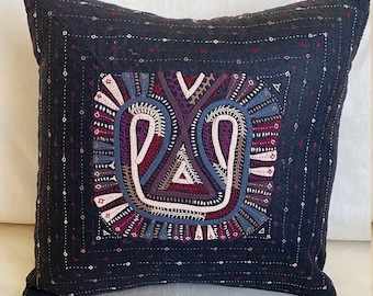 Rabari Pillow Cover Applique and Embroidered Linen and Cotton 16" Square Folk Art Kutch India Bohemian Decor