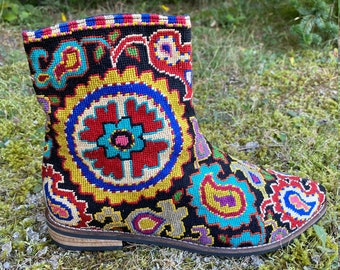 Embroidered Chelsea Booties- Size 38 (US 8) Silk Petit Point Uzbekistan Boho Festival Tribal Pointed Toe Ethnic Paisley Folk Needlepoint