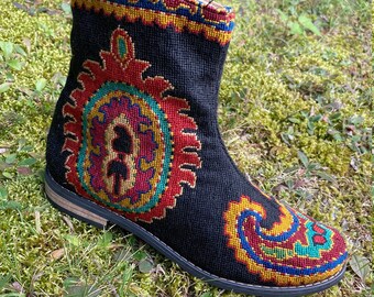 Chelsea Booties- Size 39 (US 9) Embroidered Silk Petit Point Uzbekistan Boho Festival Tribal Rounded Toe Ethnic Paisley Folk Needlepoint