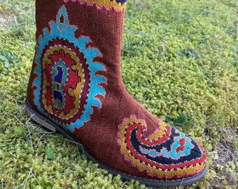 Chelsea Booties- Size 37 (US 7) Silk Petit Point Uzbekistan Folk Art Embroidered Boot Tribal Rounded Toe Ethnic Paisley Needlepoint