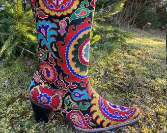 Cowgirl Boots- Size 39 (US 9) Silk Petit Point Tall Boot Uzbekistan Folk Art Boho Festival Paisley Ethnic Boho Rainbow Colorful Boot