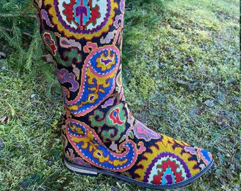 Embroidered Riding Boots-Size 40 (US 10) Silk Petit Point Uzbekistan Folk Art Elegant Ethnic Paisley Floral Pointed Toe