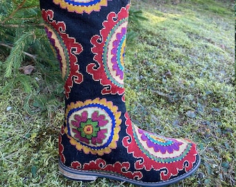 Embroidered Tall Riding Boots- Size 38 (US 8) Silk Petit Point Uzbekistan Folk Art Needlepoint Ethnic Tribal Paisley Floral