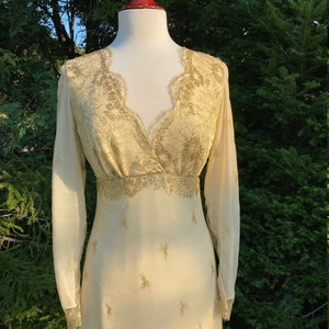 Gold French Lace Wedding Dress Empire Longsleeve Silk chiffon layers Vneck Boho Wedding Holiday Wedding Evening Gown