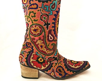 Cowgirl Embroidered Tall Boots- Size 39 (US 9) Silk Petit Point Uzbekistan Folk Art Needlepoint Cowboy Paisley Ethnic Elegant