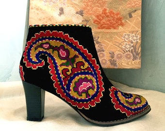Chelsea Embroidered Short Ankle 3” Heel Booties- Size 38 (US 8) Silk Petit Point Uzbekistan Boho Festival Paisley  Ethnic Needlepoint Folk