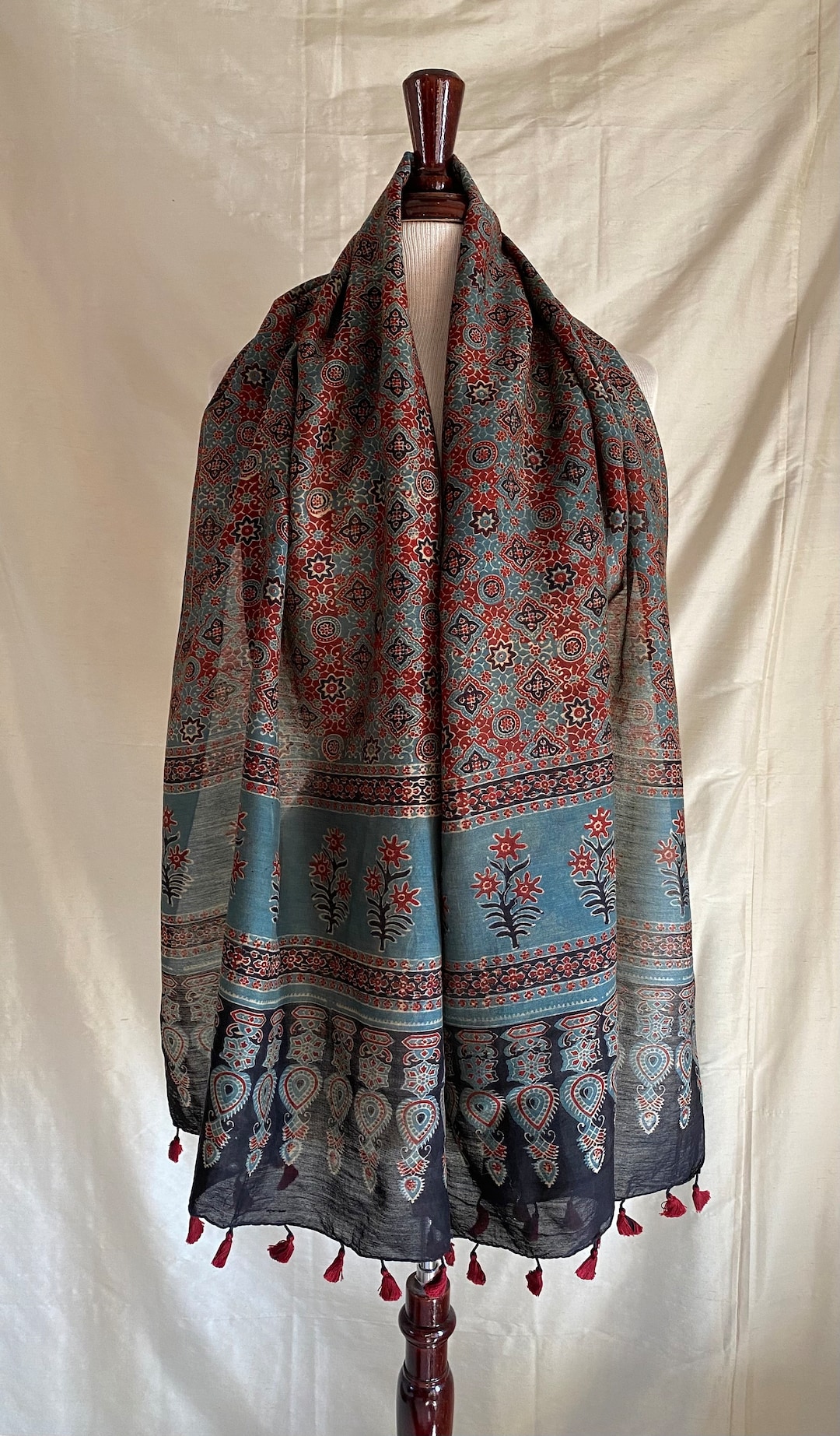 Hand block printed scarf, Indian cotton, red yellow flowers