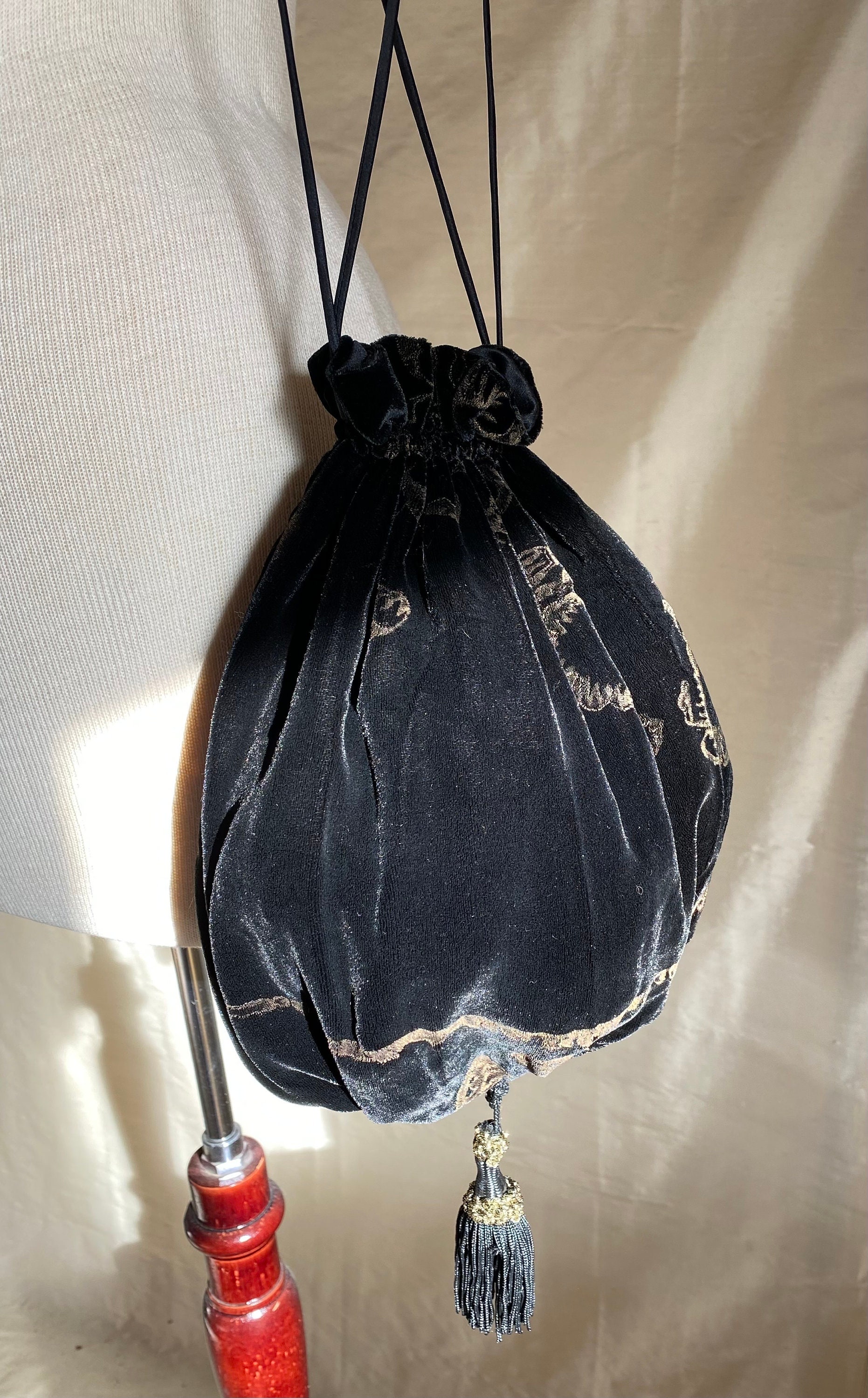 Hand Printed Black Velvet Drawstring Evening Handbag Reticule Black With Gold Print Large Handbag With Shoulder Strap and Tassel Elegant Etsy Canada