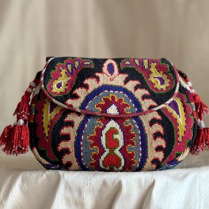 Small Embroidered Crossbody Purse Handbag Tribal Silk Petit Point Needlepoint Ethnic Uzbekistan Boho Festival Ikat Suzani Folk Art