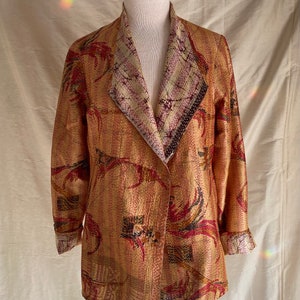 Silk Kantha Stitched Jacket M/L Reversible Repurposed Silk Sari textile Ethnic Art Jacket One of a Kind