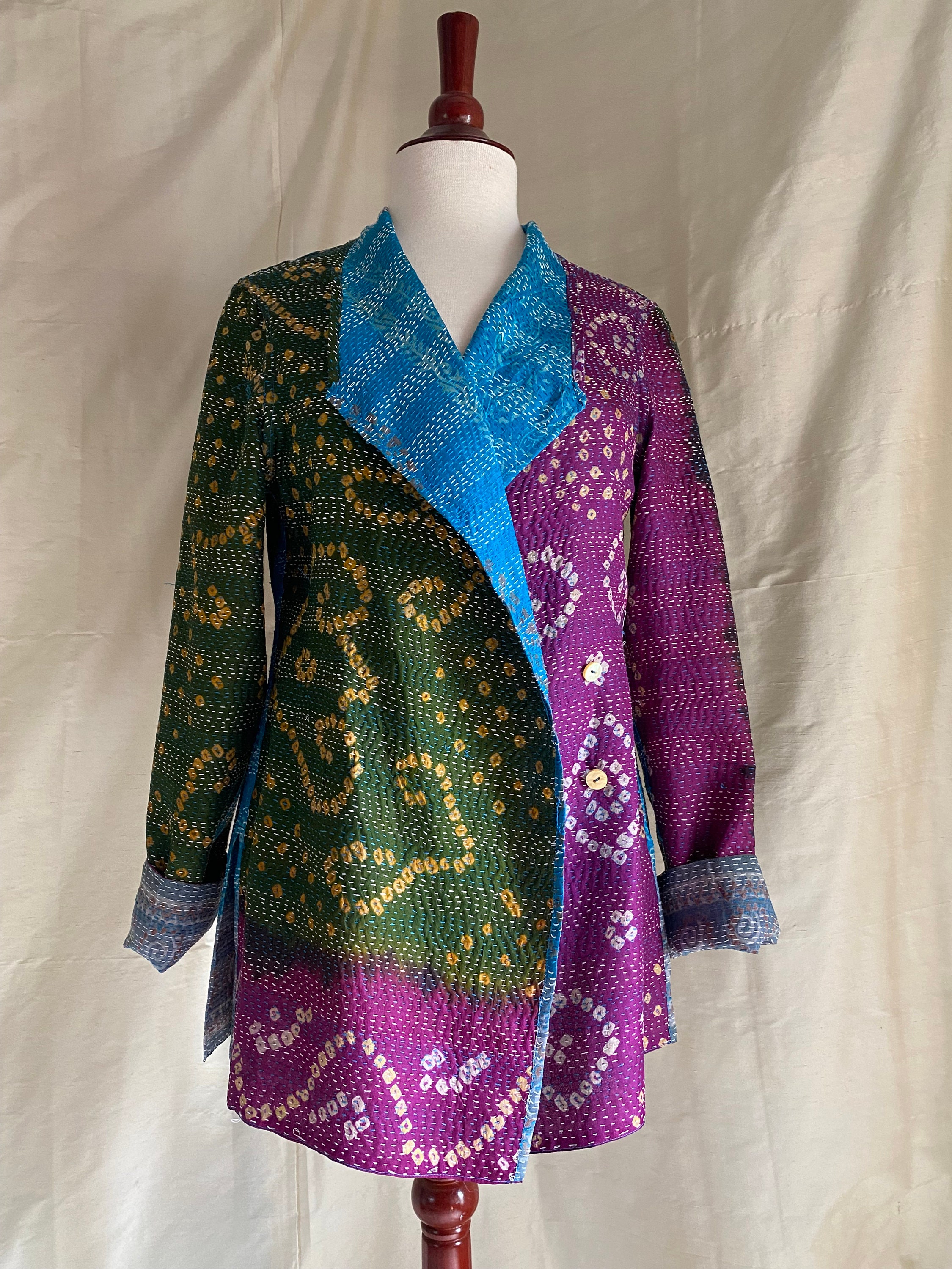 Silk Kantha Stitched Jacket S/M Reversible Repurposed Silk Sari Textile