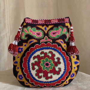 Vase shape Embroidered Crossbody Purse Handbag Tribal Silk Petit Point Needlepoint Ethnic Uzbekistan Boho Festival Ikat Suzani Folk Art