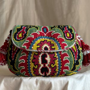 Green/Red Small Handbag Crossbody Embroidered Silk Petit Point Needlepoint Uzbekistan Folk Art Ikat Suzani Ethnic Handbag