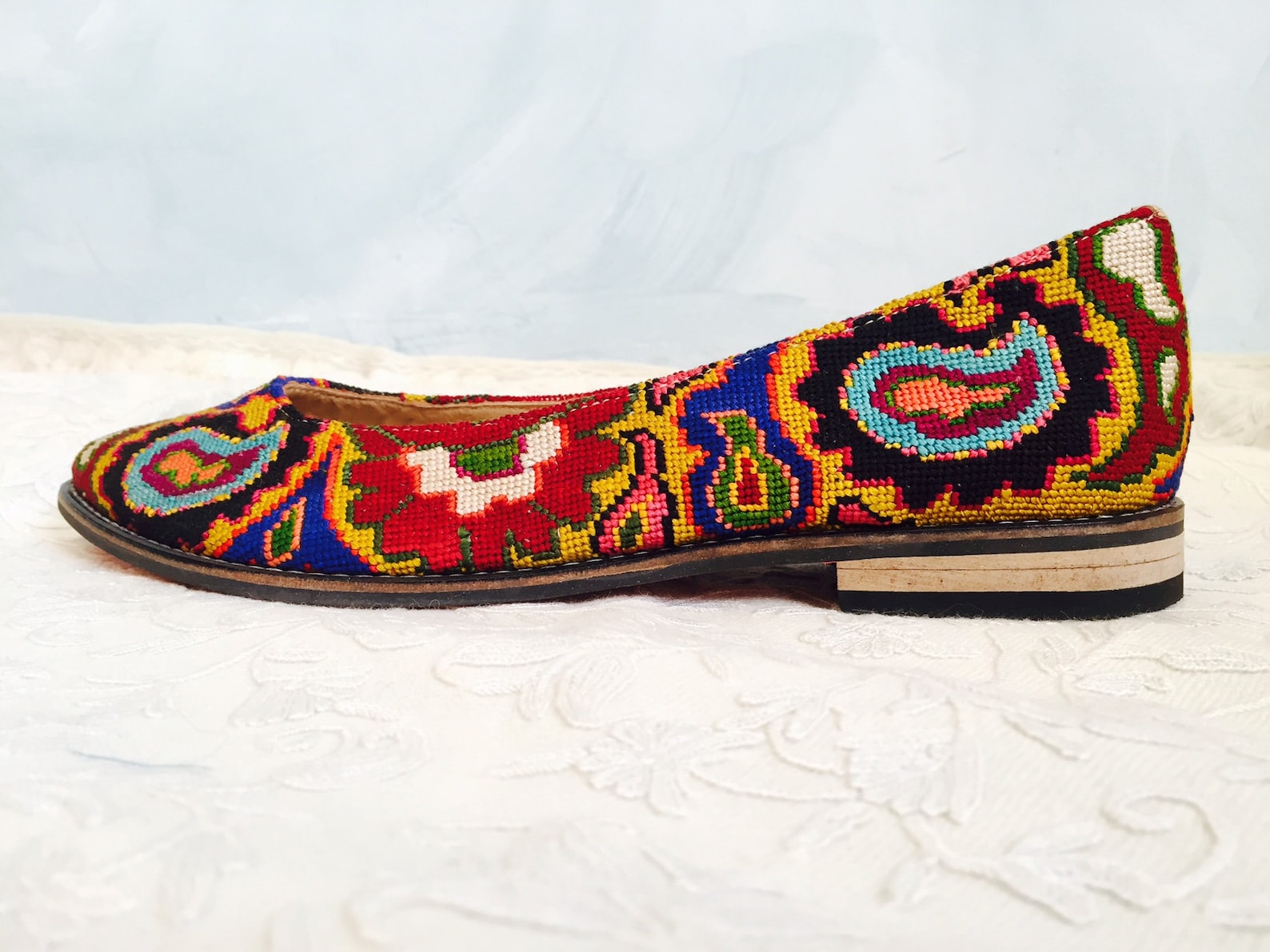 embroidered ballet flats- size 40 (us 9.5) silk petit point uzbekistan boho festival needlepoint ethnic tribal folk suzani flora