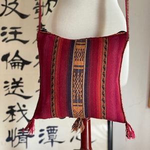 Red Peruvian Crossbody Handbag Unlined Handwoven Vegetable Dyed Wool and Alpaca Stripes Handwoven Strap Zip Top Folk Art Boho