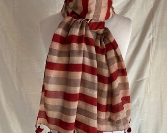 Hand Block Printed Cotton Scarf: Red Tan Stripe Ajrakh, Indian Folk Art
