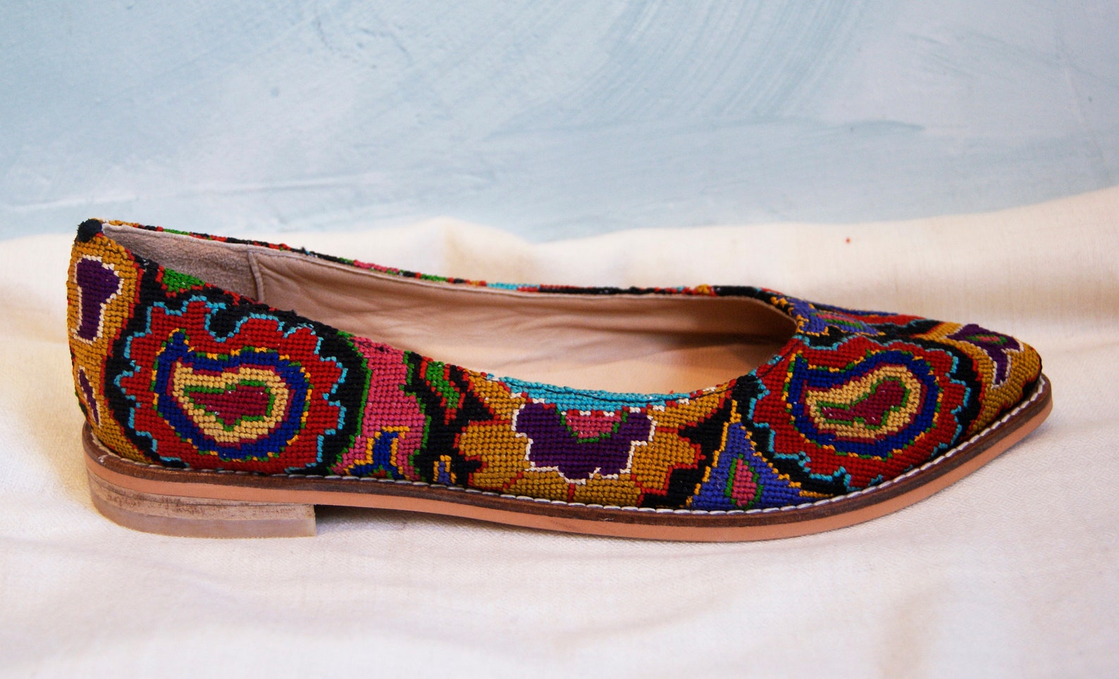 embroidered ballet flats- size 40 (us 9.5) silk petit point uzbekistan boho festival needlepoint ethnic tribal folk suzani flora