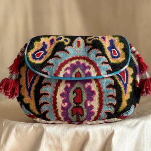 Blue/Purple/ Black Small Crossbody Handbag Embroidered Silk Petit Point Needlepoint Uzbekistan Folk Art Ikat Suzani Tassels