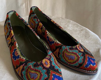 Ballerinas - Größe 37 Seide Petit Point Usbekistan Volkskunst Spitz Slip On Needlepoint Bestickter Schuh