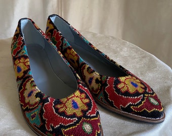 Ballerinas - Größe 38 (US 8) Seide Petit Point Usbekistan Volkskunst Spitz Slip On Needlepoint Bestickter Schuh