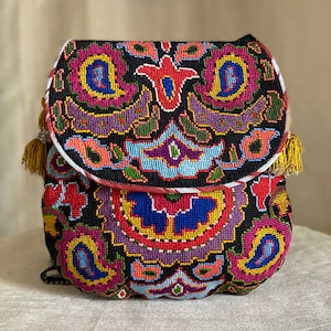 Black/Purple/Rainbow Crossbody Embroidered Handbag Medium Silk Petit Point Needlepoint Uzbekistan Folk Art Suzani Festival