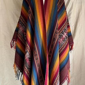 Multicolor Ruana Peruvian Handwoven Vegetable Dyed Wool and Alpaca Stripes with intricate weaving and fringe Traditional Peru Folk Art