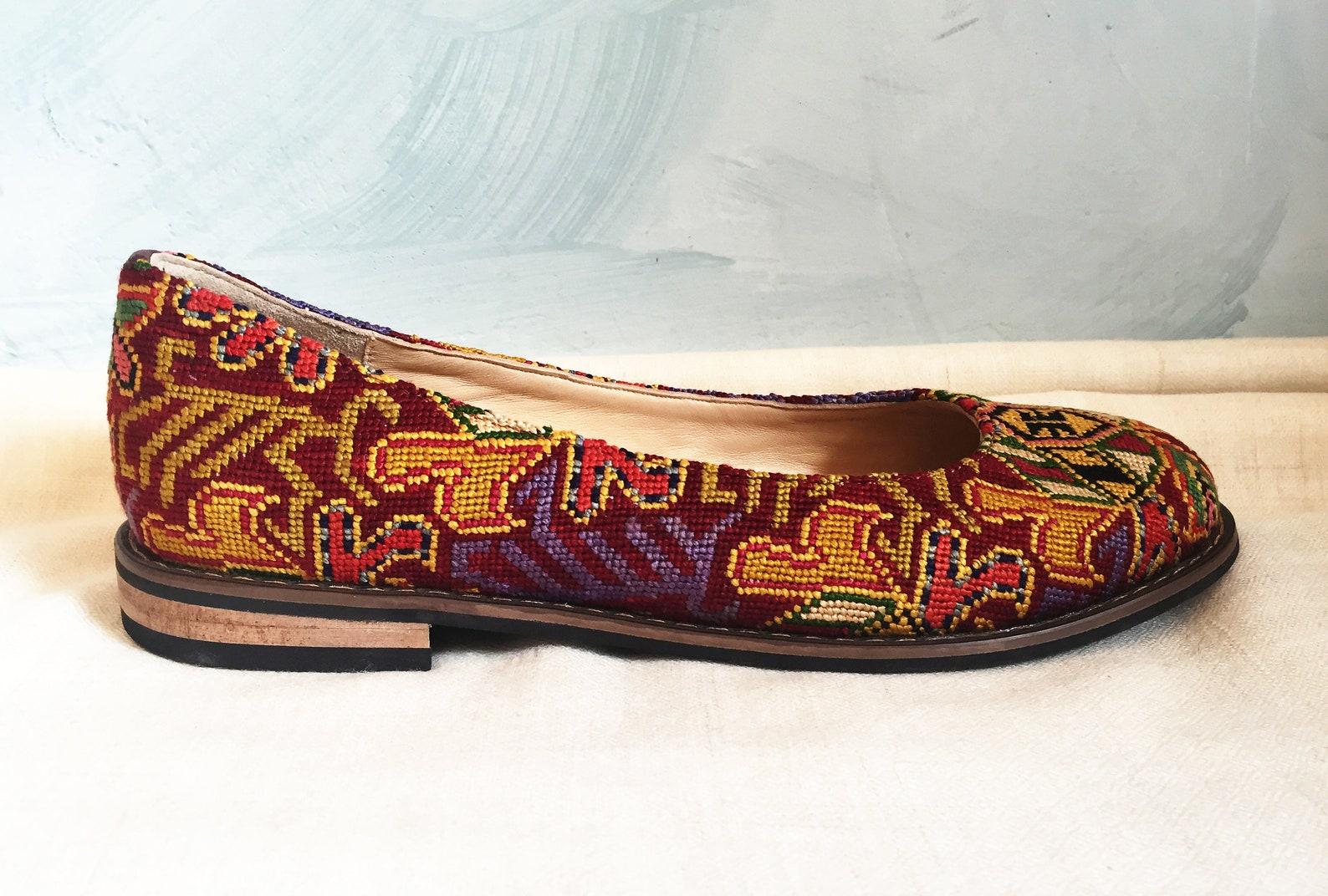 embroidered ballet flats- size 38 (us 7.5) silk petit point uzbekistan boho festival rounded toe slip on needlepoint paisley flo