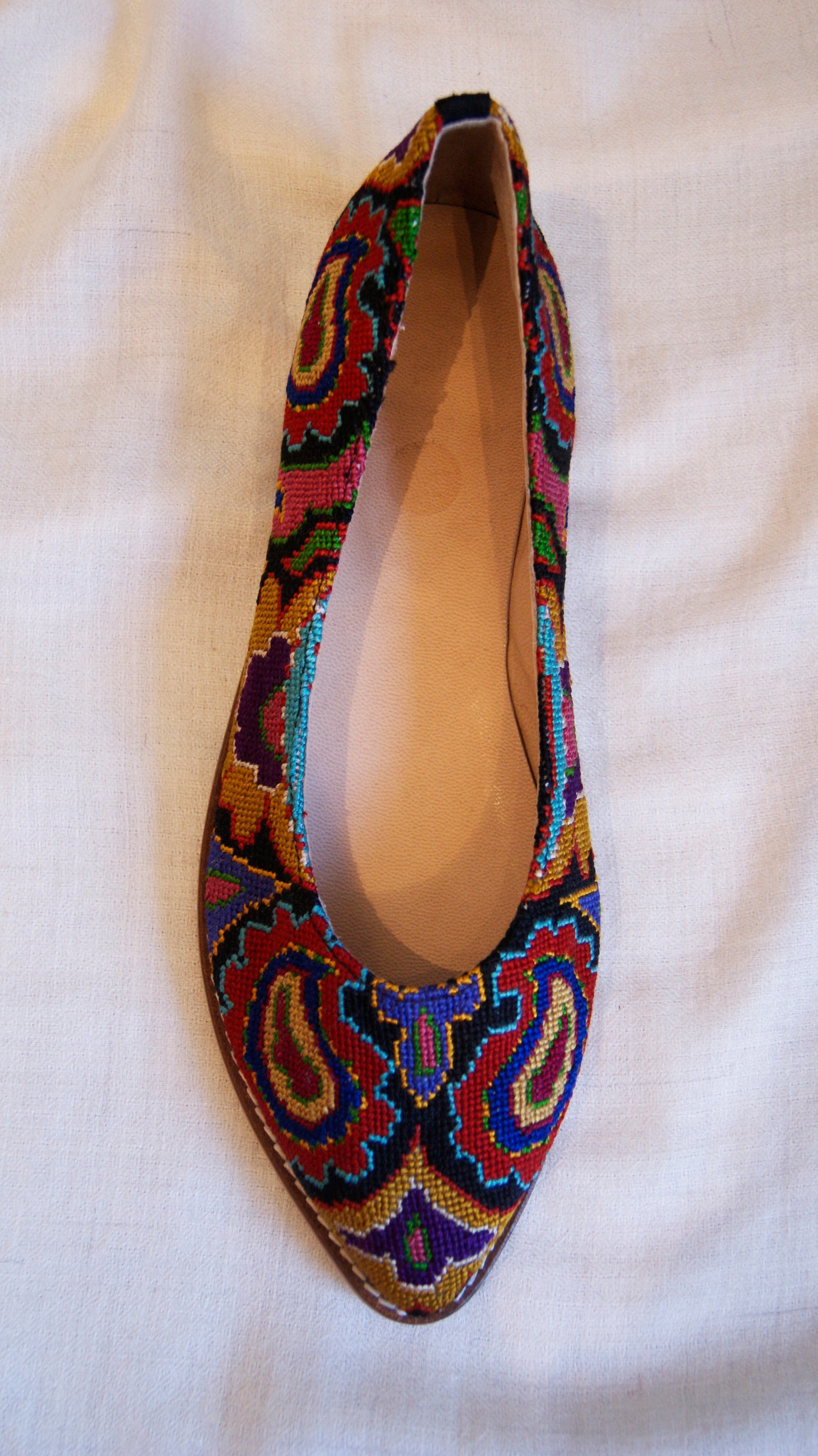 embroidered ballet flats- size 40 (us 9.5) silk petit point uzbekistan boho festival needlepoint ethnic tribal folk suzani flora