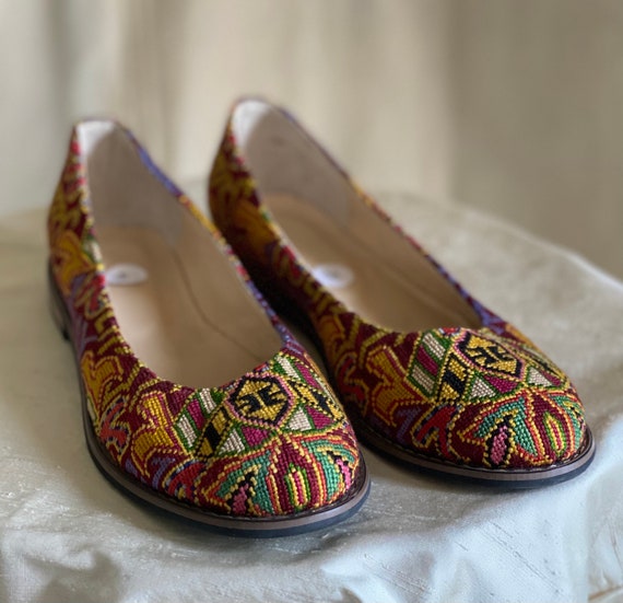 Ballet Flats- Size 38 (US 8) Silk Petit Point Uzbekistan Folk Art