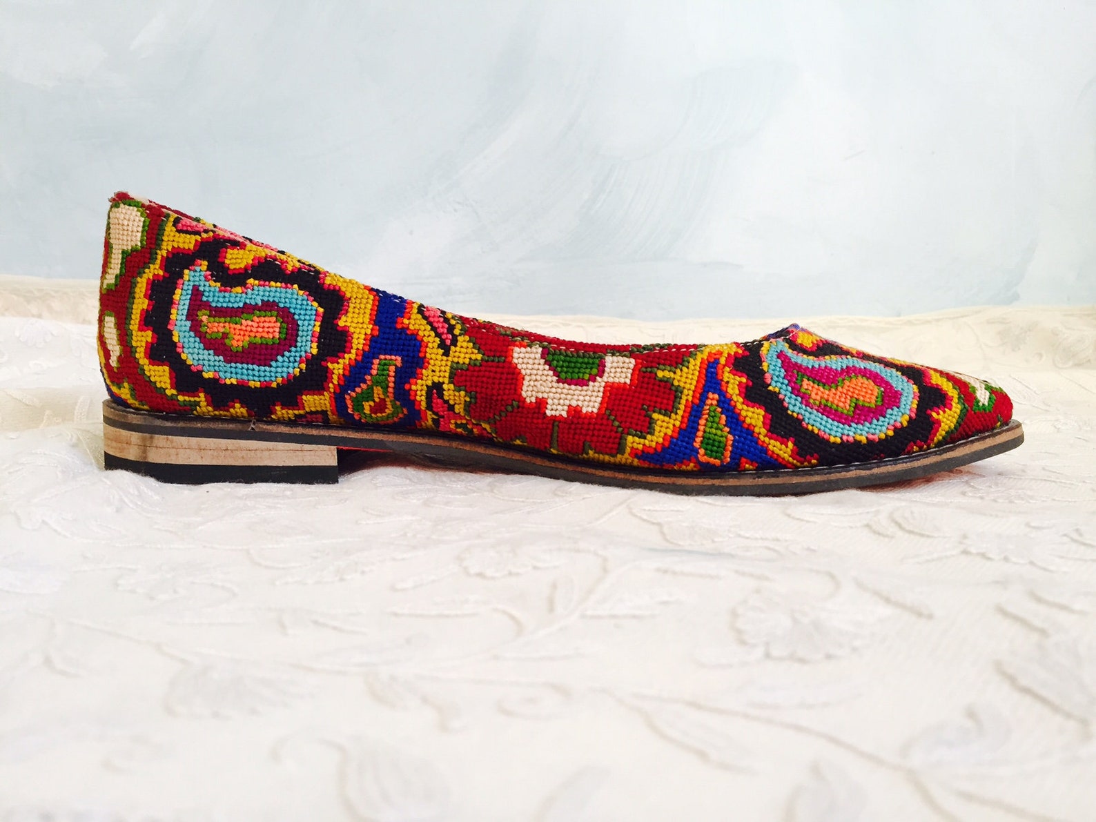 embroidered ballet flats- size 40 (us 9.5) silk petit point uzbekistan boho festival needlepoint ethnic tribal folk suzani flora