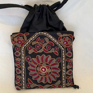 Small Sunflower Drawstring Cellphone Mini Handbag Hand Embroidered India Eyeglass Case Handbag Organizer Ethnic Boho Folk Art