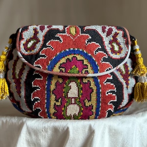 Small Embroidered Crossbody Purse Handbag Tribal Silk Petit Point Needlepoint Ethnic Uzbekistan Boho Festival Ikat Suzani Tassel Folk Art