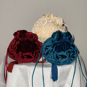 Samt Kordel Abend Handtasche Reticule Hand geschnitten, Hand gefärbt Seide / Rayon Samt Petrol, Rot, Elfenbein Farbwahl