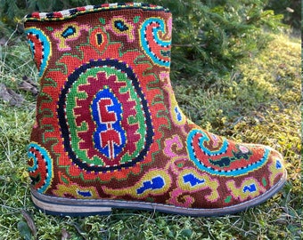 Chelsea Booties- Size 40 (US l0) Cocoa/Rainbow Silk Petit Point Uzbekistan Folk Art Boho Festival Round Toe Ethnic Paisley Needlepoint