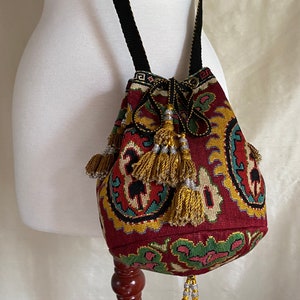 Burgundy/gold Drawstring Bucket Bag Embroidered Large Handbag Silk ...