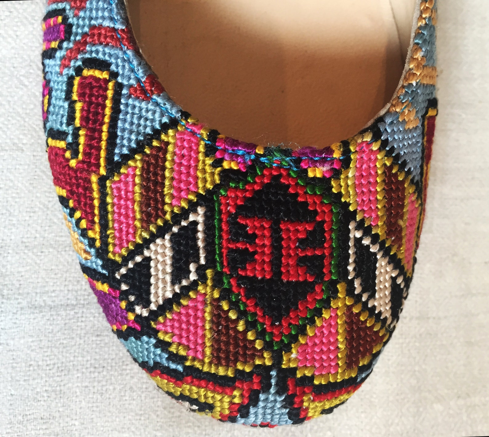 embroidered ballet flats- size 37 (us 6.5) silk petit point uzbekistan boho festival rounded toe slip on needlepoint paisley flo